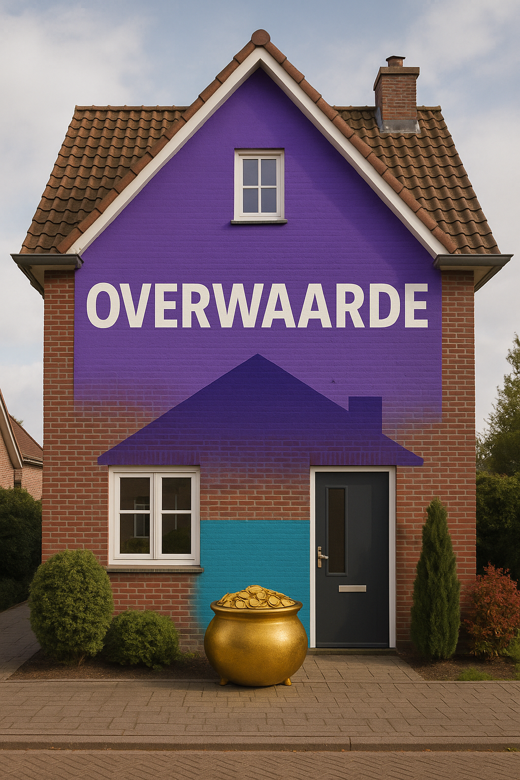 Twee-onder-een-kapwoning met de woorden "OVERWAARDE" groot op de gevel en een pot gevuld met gouden munten op de stoep ervoor, symbool voor de financiële waarde in de woning.
